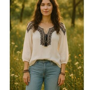 Soft‎ Surroundings Embroidered Blouse GauzyTassel Tie Long Sleeve White Size 3x